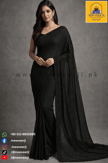 Black Chiffon Stone Work Saree - New Veer Ji