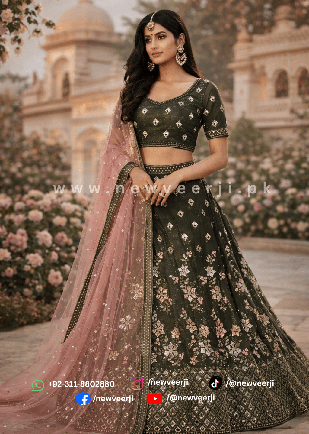 Elegant Dark Green Indian Lehenga with Floral Embroidery 3 Piece Set - New Veer Ji