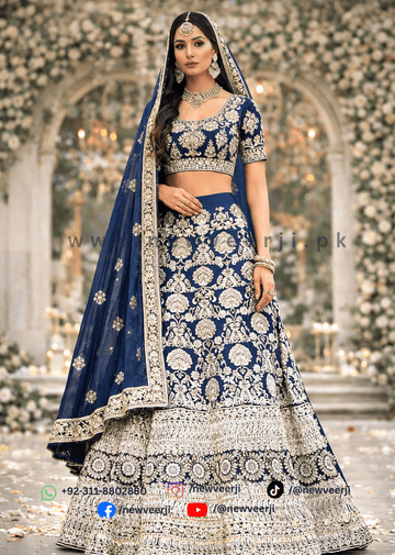 Luxury Navy Blue Bridal Lehenga with Antique Dori Zari Work - New Veer Ji